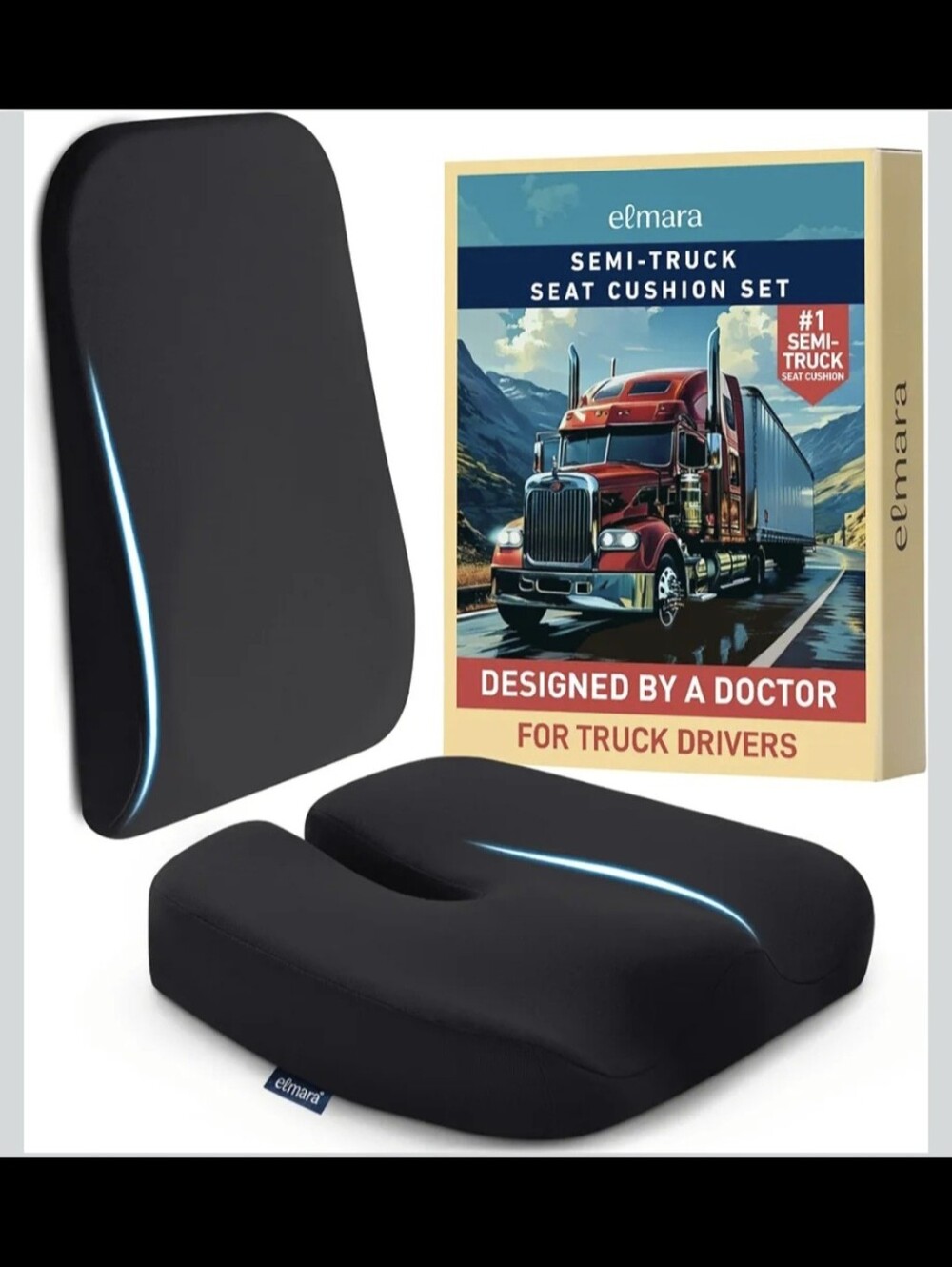 Black Semi-Truck Memory Foam Seat Cushion Set with Lumbar Support